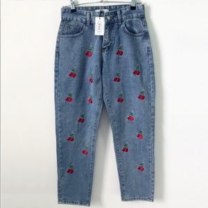 Cider Cherry Print Embroidered High Rise Jeans